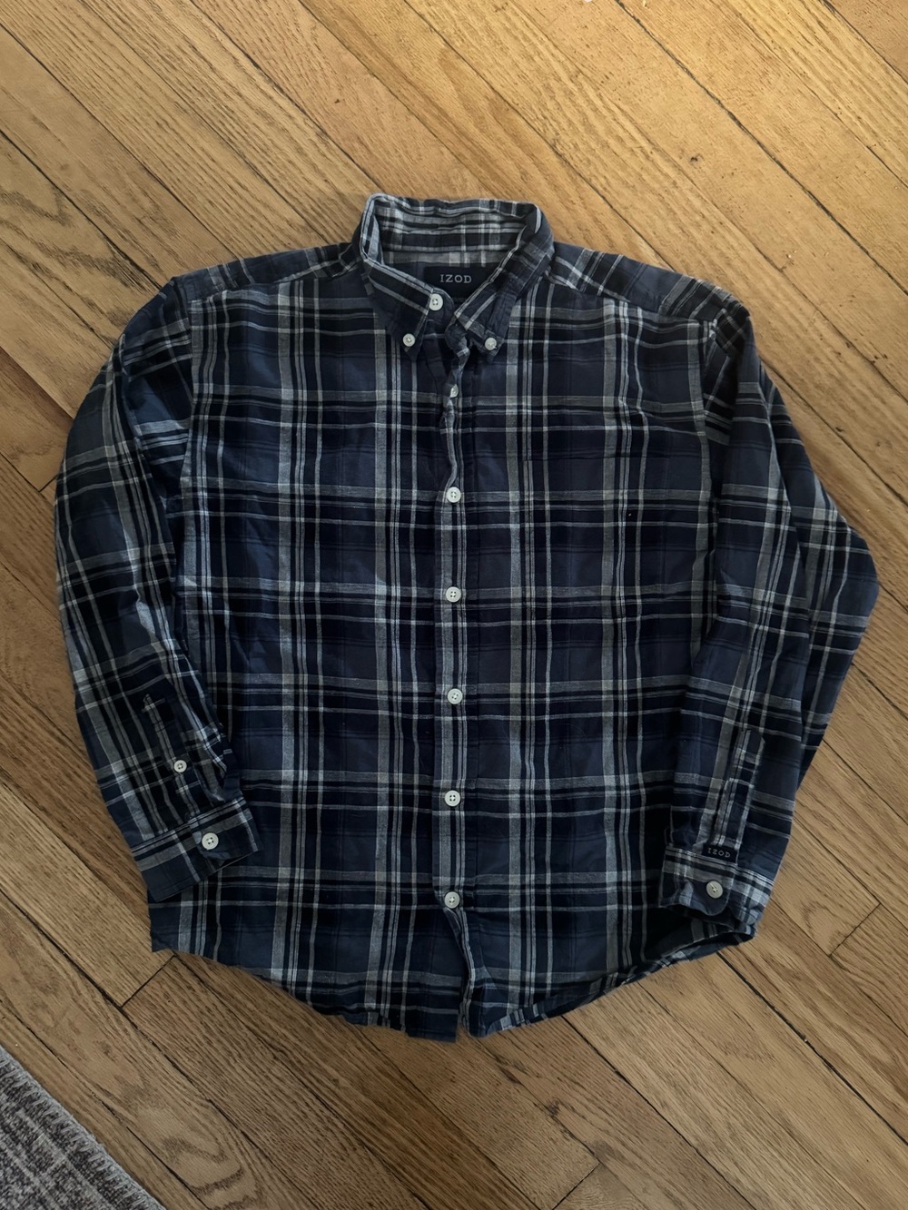 IZOD Plaid Long Sleeve Button Down Shirt Medium Blue/White 100% Cotton